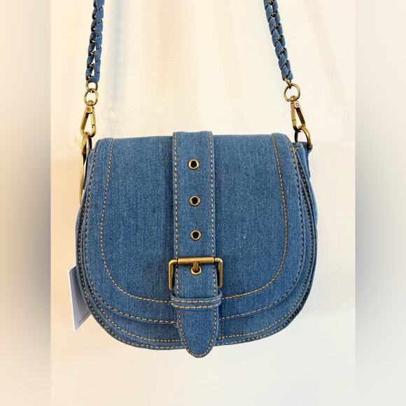 House of Harlow NWT denim saddle bag crossbody bag 70s Jean spring summer buckle - Picture 1 of 8